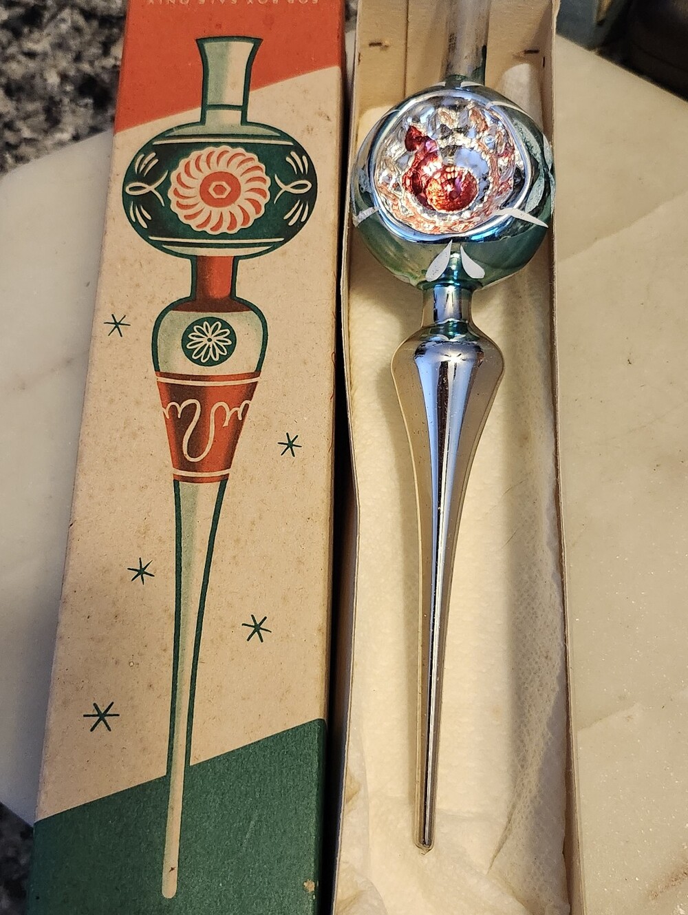 Vtg 50's Shiny Brite Silver Glass Christmas Tree Topper With Green & Red Accents